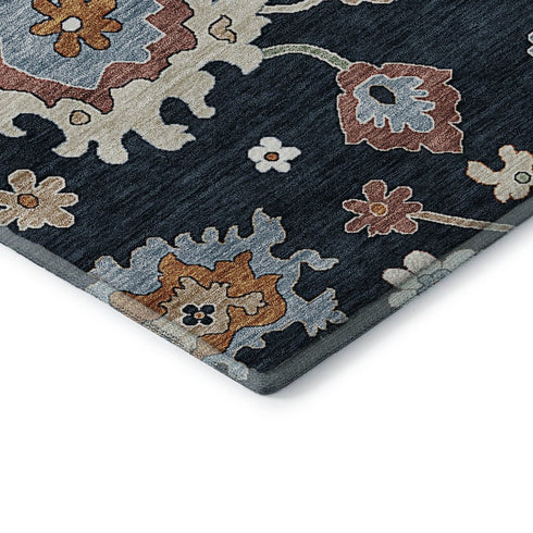 5' X 8' Black Blue And Ivory Floral Medallion Washable Area Rug With UV Protection
