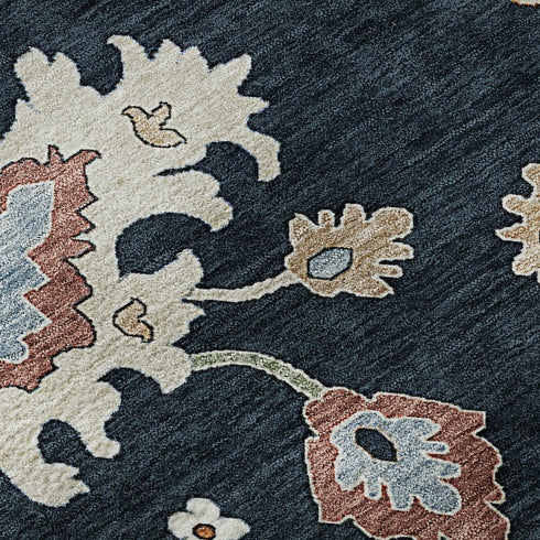 5' X 8' Black Blue And Ivory Floral Medallion Washable Area Rug With UV Protection