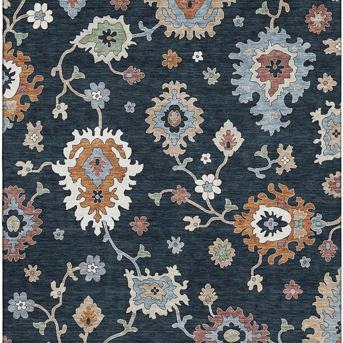 5' X 8' Black Blue And Ivory Floral Medallion Washable Area Rug With UV Protection