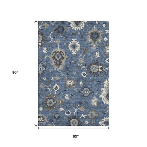 5' X 8' Blue Gray And White Floral Medallion Washable Area Rug With UV Protection