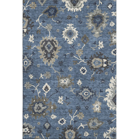 5' X 8' Blue Gray And White Floral Medallion Washable Area Rug With UV Protection