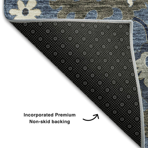 5' X 8' Blue Gray And White Floral Medallion Washable Area Rug With UV Protection