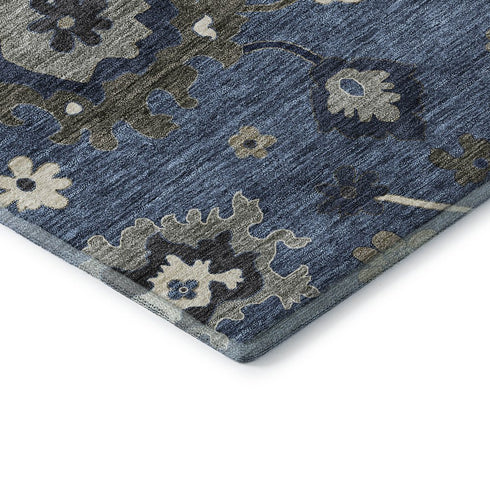 5' X 8' Blue Gray And White Floral Medallion Washable Area Rug With UV Protection