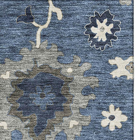 5' X 8' Blue Gray And White Floral Medallion Washable Area Rug With UV Protection