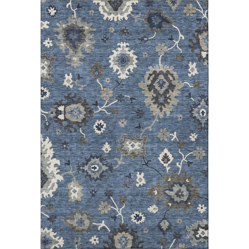 5' X 8' Blue Gray And White Floral Medallion Washable Area Rug With UV Protection