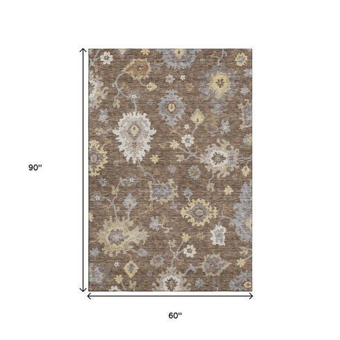 5' X 8' Chocolate Gold And Gray Floral Medallion Washable Area Rug With UV Protection
