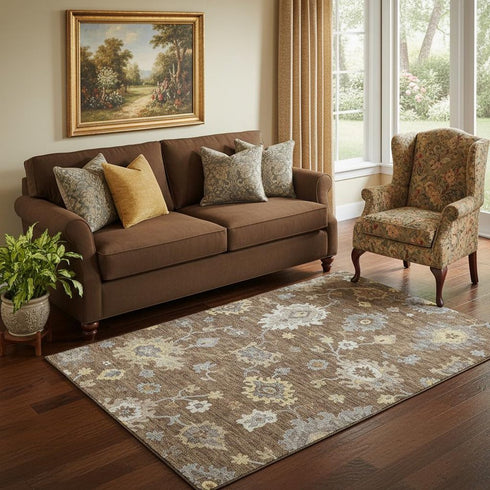 5' X 8' Chocolate Gold And Gray Floral Medallion Washable Area Rug With UV Protection