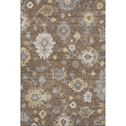 5' X 8' Chocolate Gold And Gray Floral Medallion Washable Area Rug With UV Protection