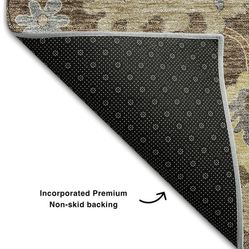 5' X 8' Chocolate Gold And Gray Floral Medallion Washable Area Rug With UV Protection