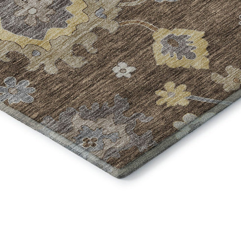 5' X 8' Chocolate Gold And Gray Floral Medallion Washable Area Rug With UV Protection
