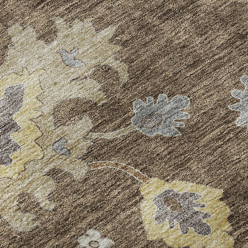 5' X 8' Chocolate Gold And Gray Floral Medallion Washable Area Rug With UV Protection