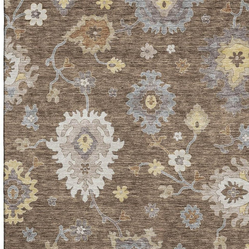 5' X 8' Chocolate Gold And Gray Floral Medallion Washable Area Rug With UV Protection