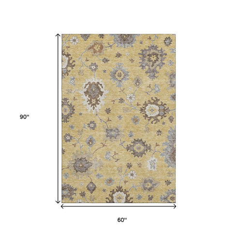 5' X 8' Gold Gray And Ivory Floral Medallion Washable Area Rug With UV Protection