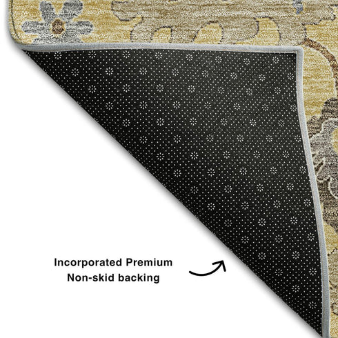 5' X 8' Gold Gray And Ivory Floral Medallion Washable Area Rug With UV Protection