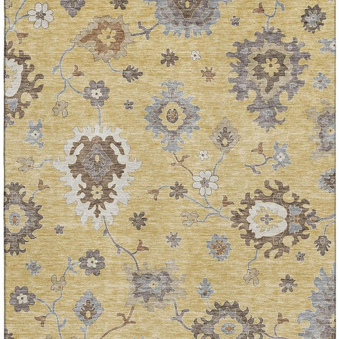 5' X 8' Gold Gray And Ivory Floral Medallion Washable Area Rug With UV Protection