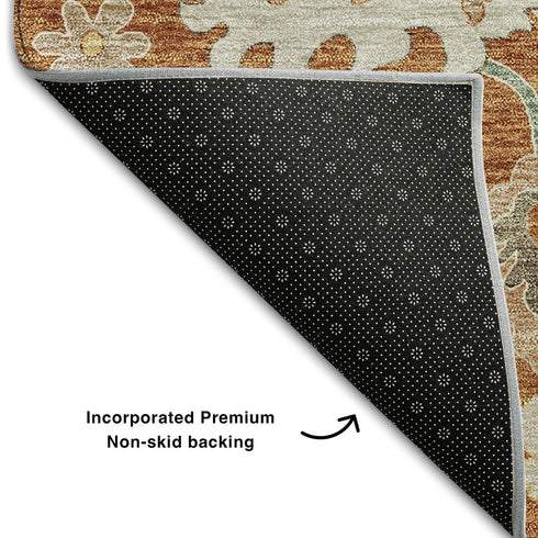 8' Rust Ivory And Gray Floral Medallion Washable Round Rug With UV Protection