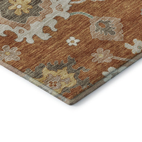 8' Rust Ivory And Gray Floral Medallion Washable Round Rug With UV Protection