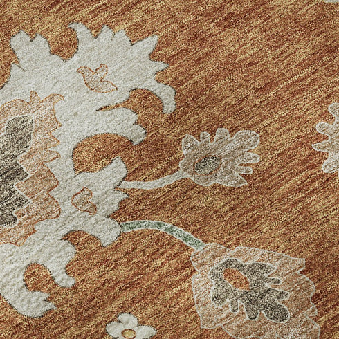 8' Rust Ivory And Gray Floral Medallion Washable Round Rug With UV Protection