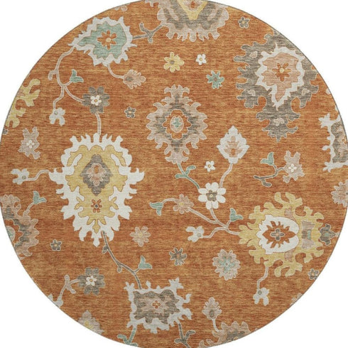 8' Rust Ivory And Gray Floral Medallion Washable Round Rug With UV Protection
