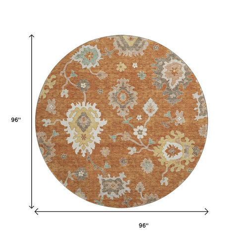8' Rust Ivory And Gray Floral Medallion Washable Round Rug With UV Protection