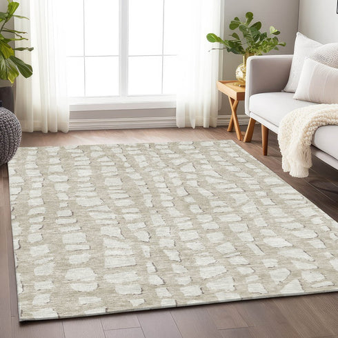 9' X 12' Beige And Ivory Cobblestone Washable Area Rug With UV Protection