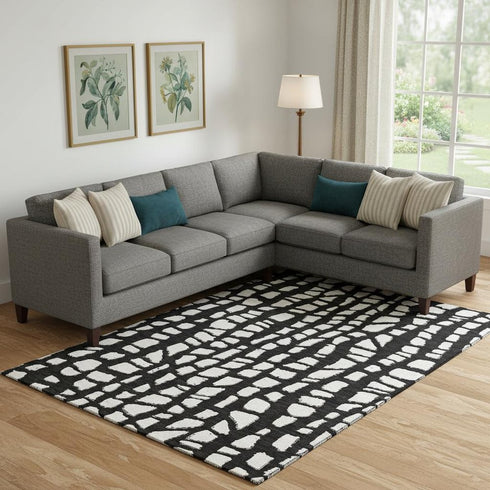 8' X 10' Black And Ivory Cobblestone Washable Area Rug With UV Protection