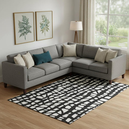9' X 12' Black And Ivory Cobblestone Washable Area Rug With UV Protection