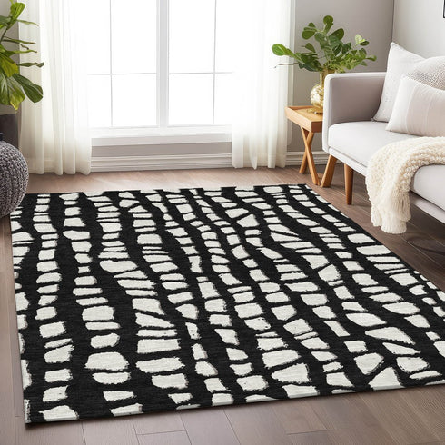 9' X 12' Black And Ivory Cobblestone Washable Area Rug With UV Protection