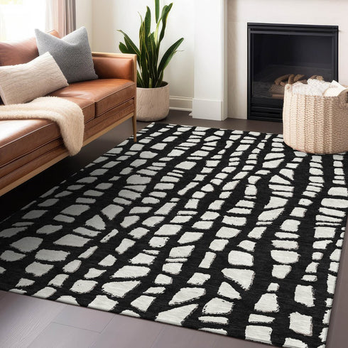 9' X 12' Black And Ivory Cobblestone Washable Area Rug With UV Protection
