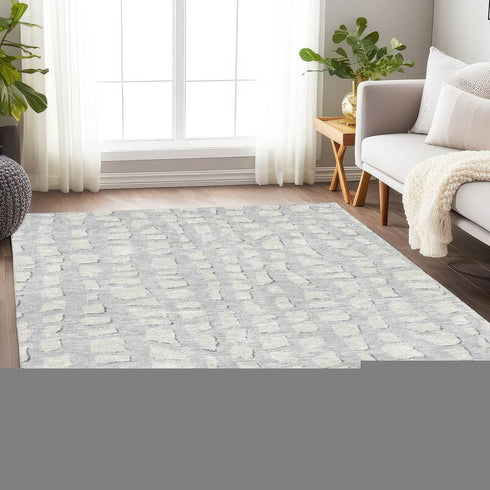 9' X 12' Silver And Ivory Cobblestone Washable Area Rug With UV Protection