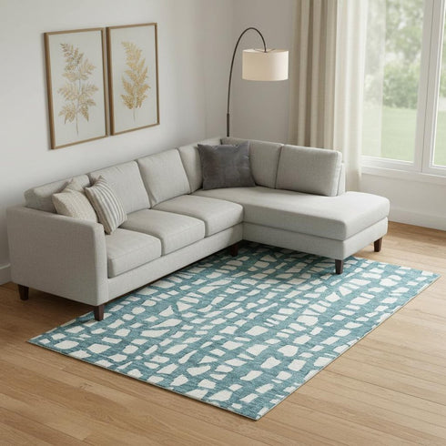 8' X 10' Teal And Ivory Cobblestone Washable Area Rug With UV Protection