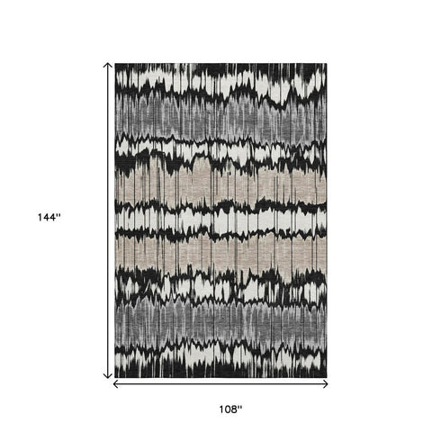 9' X 12' Black Silver And Brown Striped Washable Area Rug With UV Protection