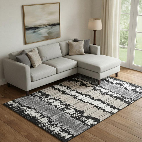 9' X 12' Black Silver And Brown Striped Washable Area Rug With UV Protection