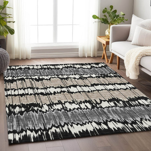 9' X 12' Black Silver And Brown Striped Washable Area Rug With UV Protection