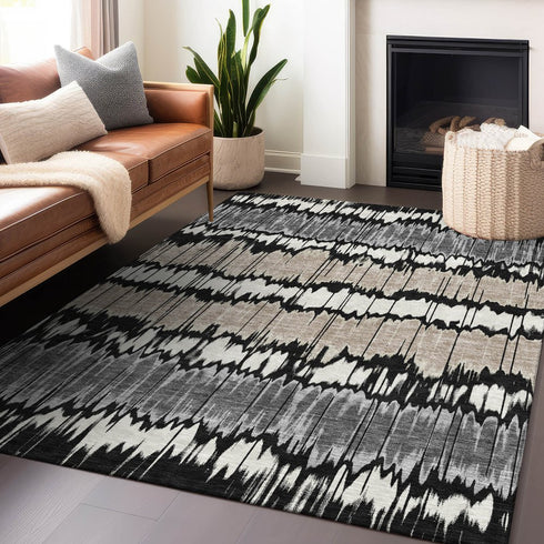 9' X 12' Black Silver And Brown Striped Washable Area Rug With UV Protection