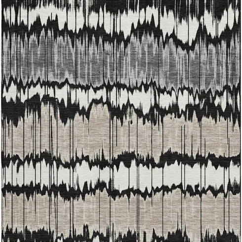 9' X 12' Black Silver And Brown Striped Washable Area Rug With UV Protection