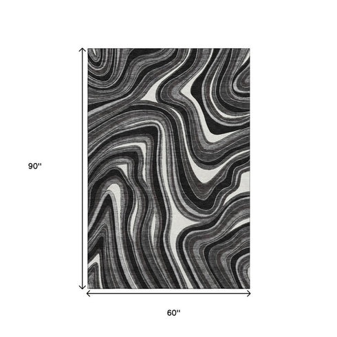 5' X 8' Black Gray And White Marble Washable Area Rug With UV Protection