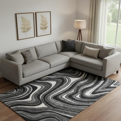 8' X 10' Black Gray And White Marble Washable Area Rug With UV Protection