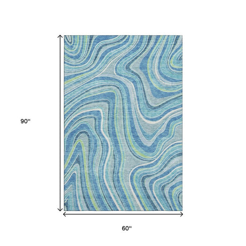 5' X 8' Blue Green And Ivory Marble Washable Area Rug With UV Protection