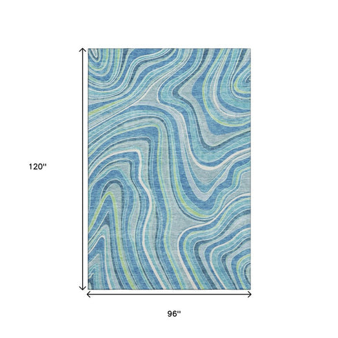 8' X 10' Blue Green And Ivory Marble Washable Area Rug With UV Protection