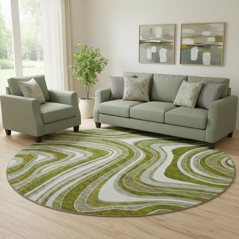8' Olive Green Ivory And Gray Marble Washable Round Rug With UV Protection