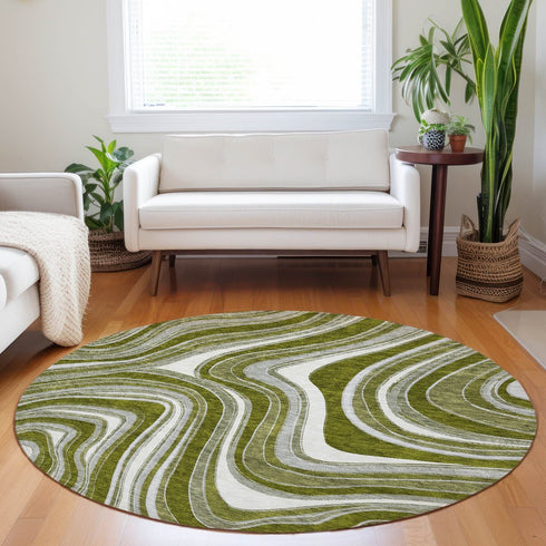 8' Olive Green Ivory And Gray Marble Washable Round Rug With UV Protection