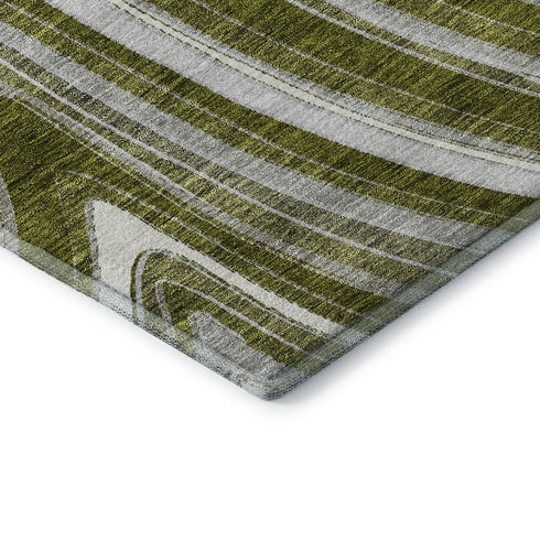 8' Olive Green Ivory And Gray Marble Washable Round Rug With UV Protection
