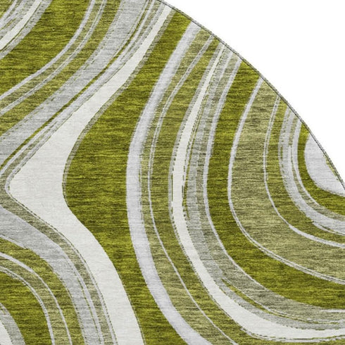8' Olive Green Ivory And Gray Marble Washable Round Rug With UV Protection