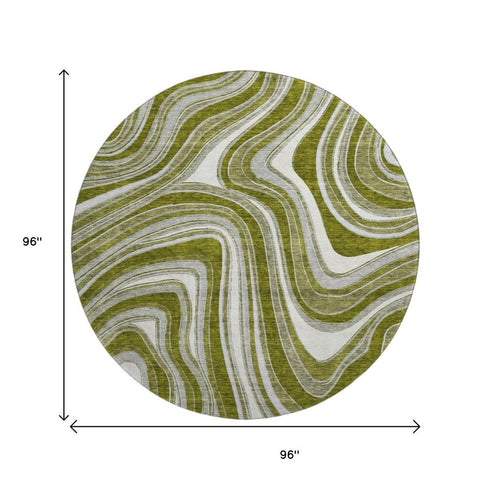 8' Olive Green Ivory And Gray Marble Washable Round Rug With UV Protection