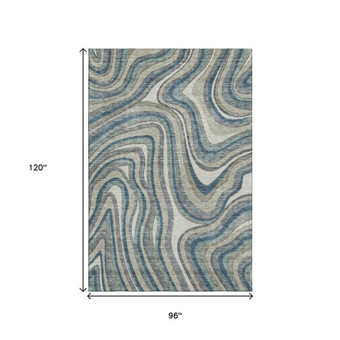 8' X 10' Teal Ivory And Taupe Marble Washable Area Rug With UV Protection