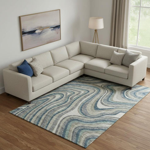 8' X 10' Teal Ivory And Taupe Marble Washable Area Rug With UV Protection