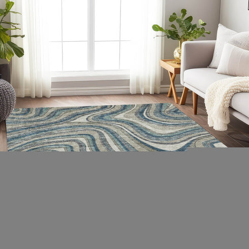 8' X 10' Teal Ivory And Taupe Marble Washable Area Rug With UV Protection