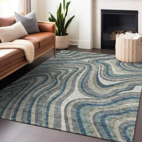 8' X 10' Teal Ivory And Taupe Marble Washable Area Rug With UV Protection