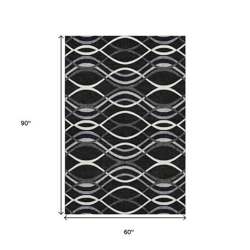 5' X 8' Black Ivory And Gray Abstract Washable Area Rug With UV Protection